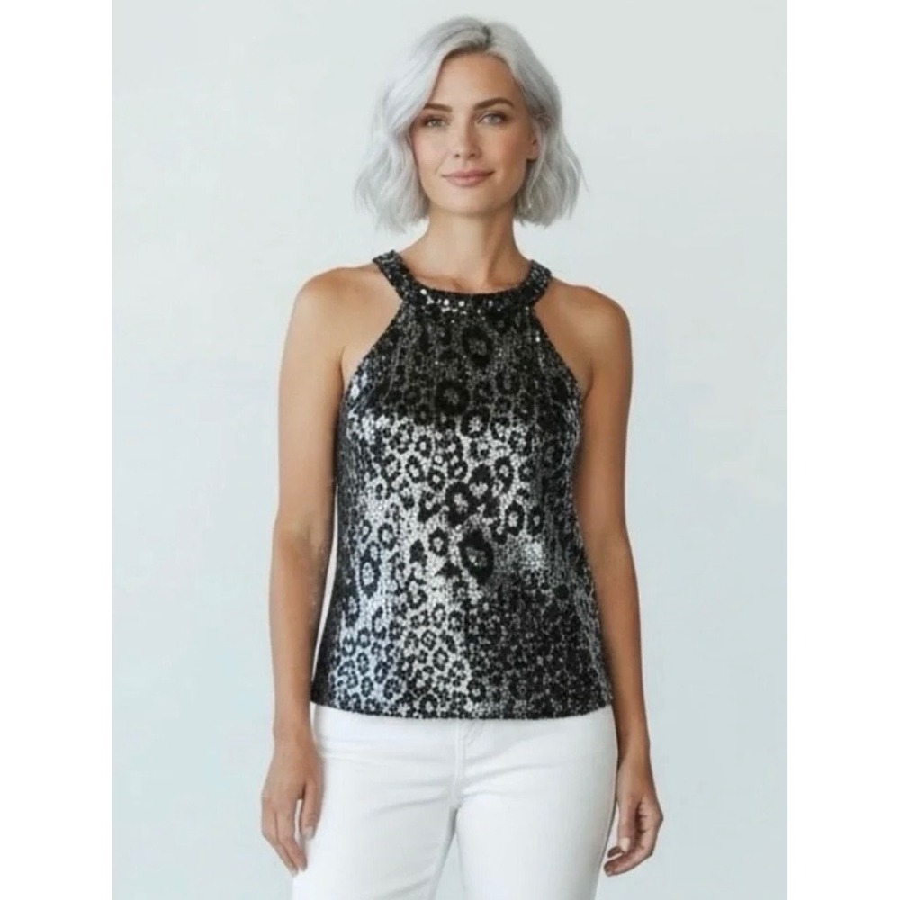 Aramodu Silver Black Sequin Leopard Print Halter Racerback Top Size 38